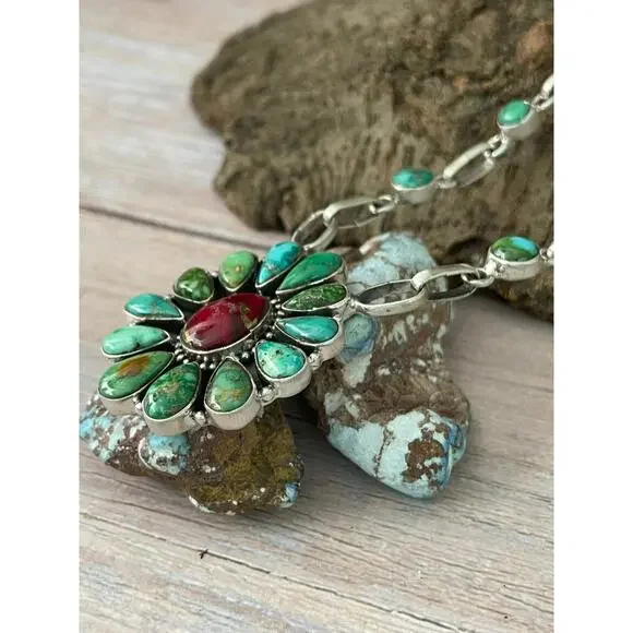 Handmade Sterling Silver Dahlia Rose with Emerald Valley Turquoise Necklace Si